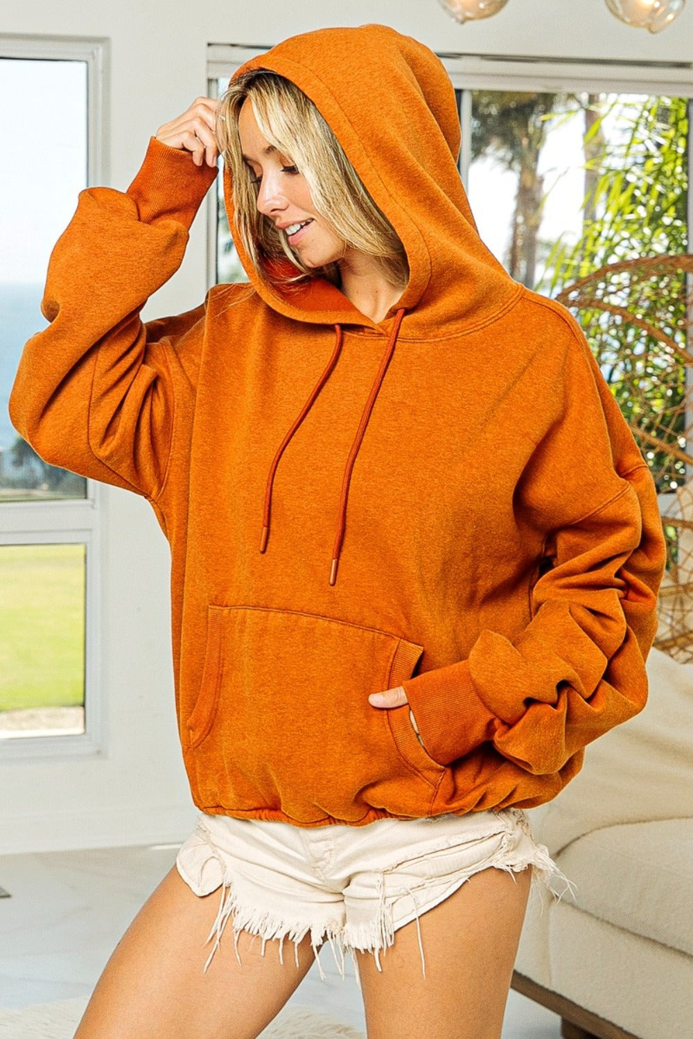BiBi Ruched Long Sleeve Washed Fleece Hoodie - Charming Charlie