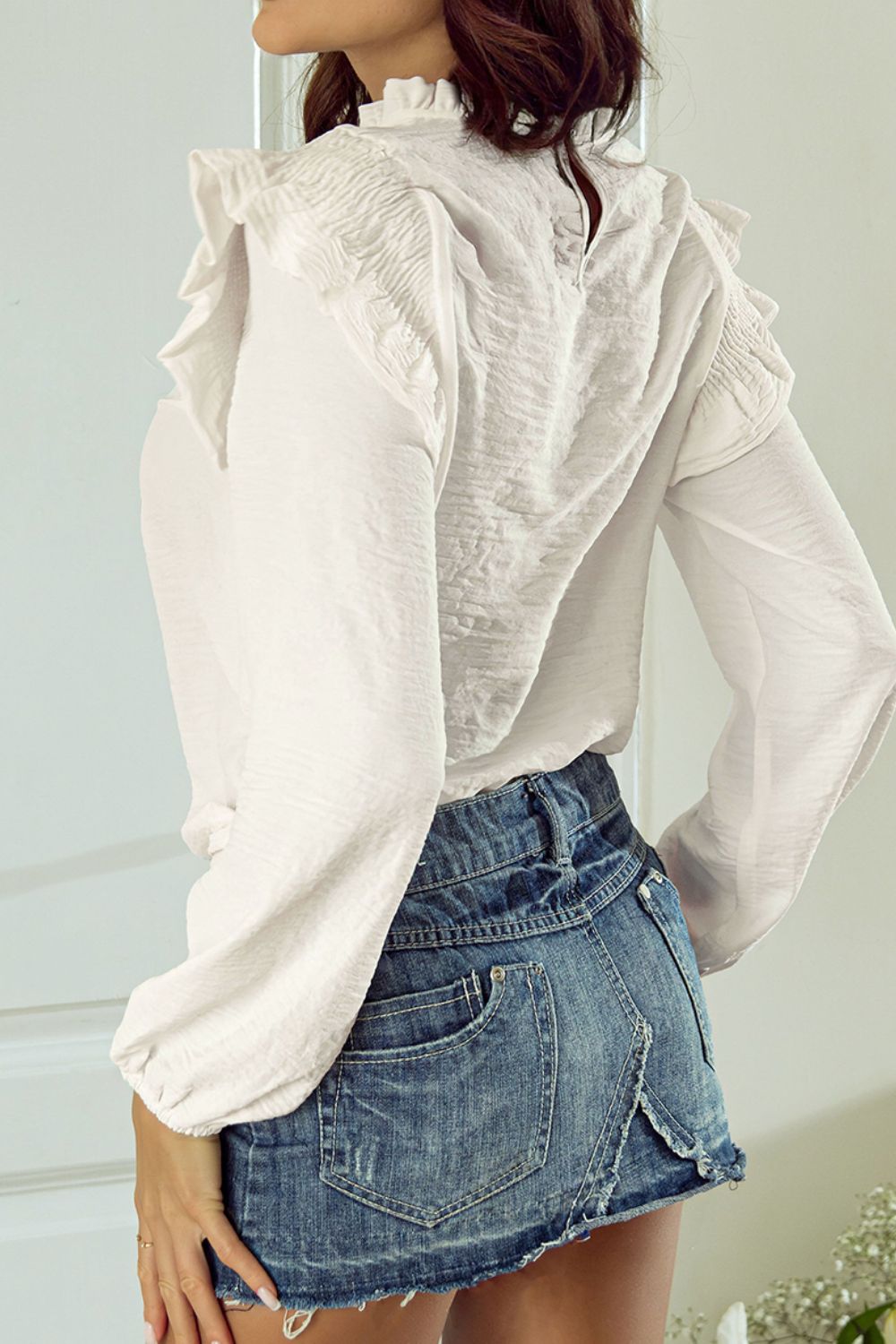 Frill Mock Neck Ruffled Balloon Sleeve Blouse - Charming Charlie