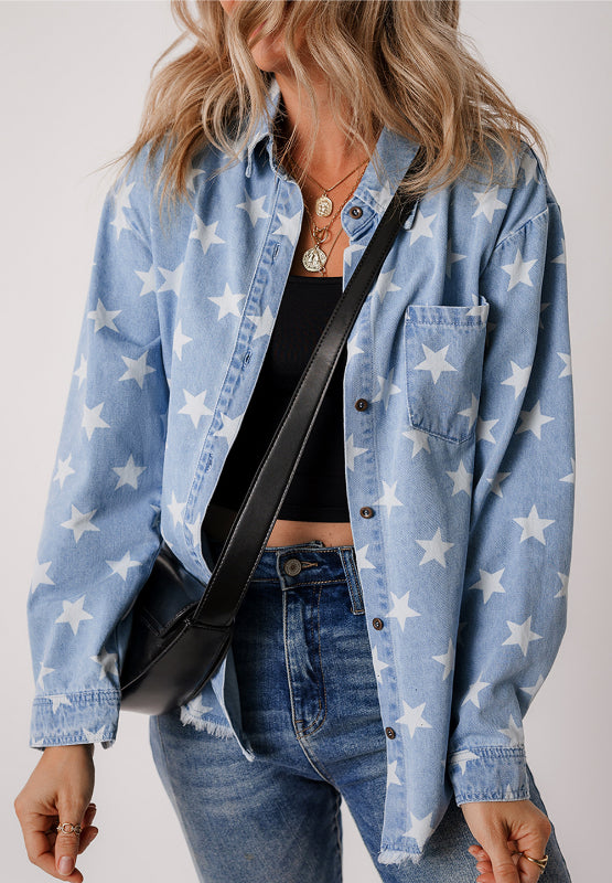 Raw Hem Star Collared Neck Denim Top - Charming Charlie