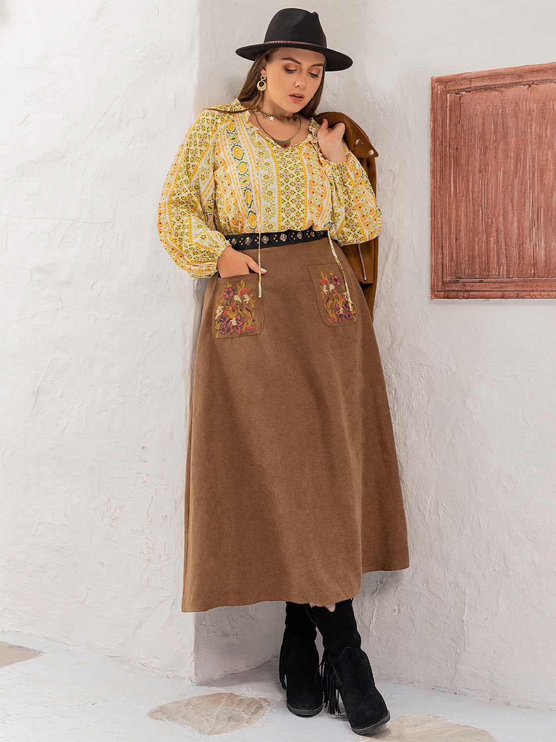 Plus Size Embroidered Pocketed High Waist Skirt - Charming Charlie