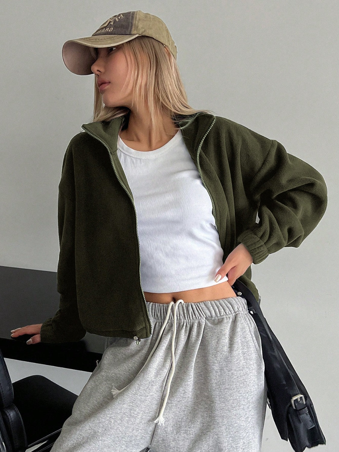 Honey Zip Up Long Sleeve Cropped Jacket - Charming Charlie
