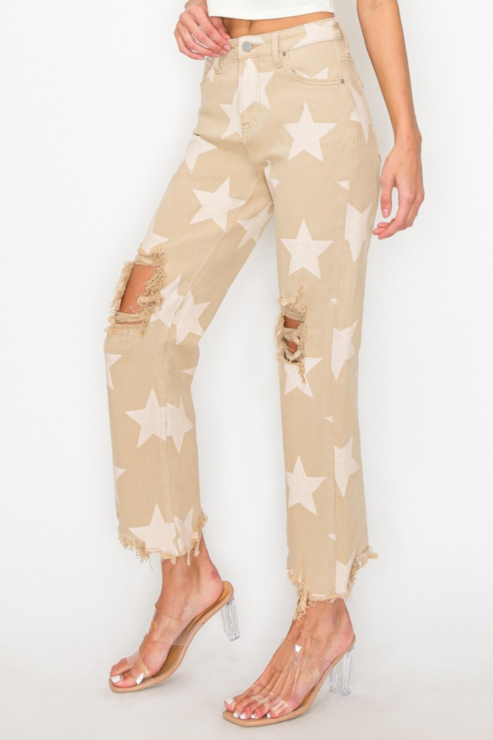 RISEN Full Size High Rise Star Printed Frayed Hem Jeans - Charming Charlie
