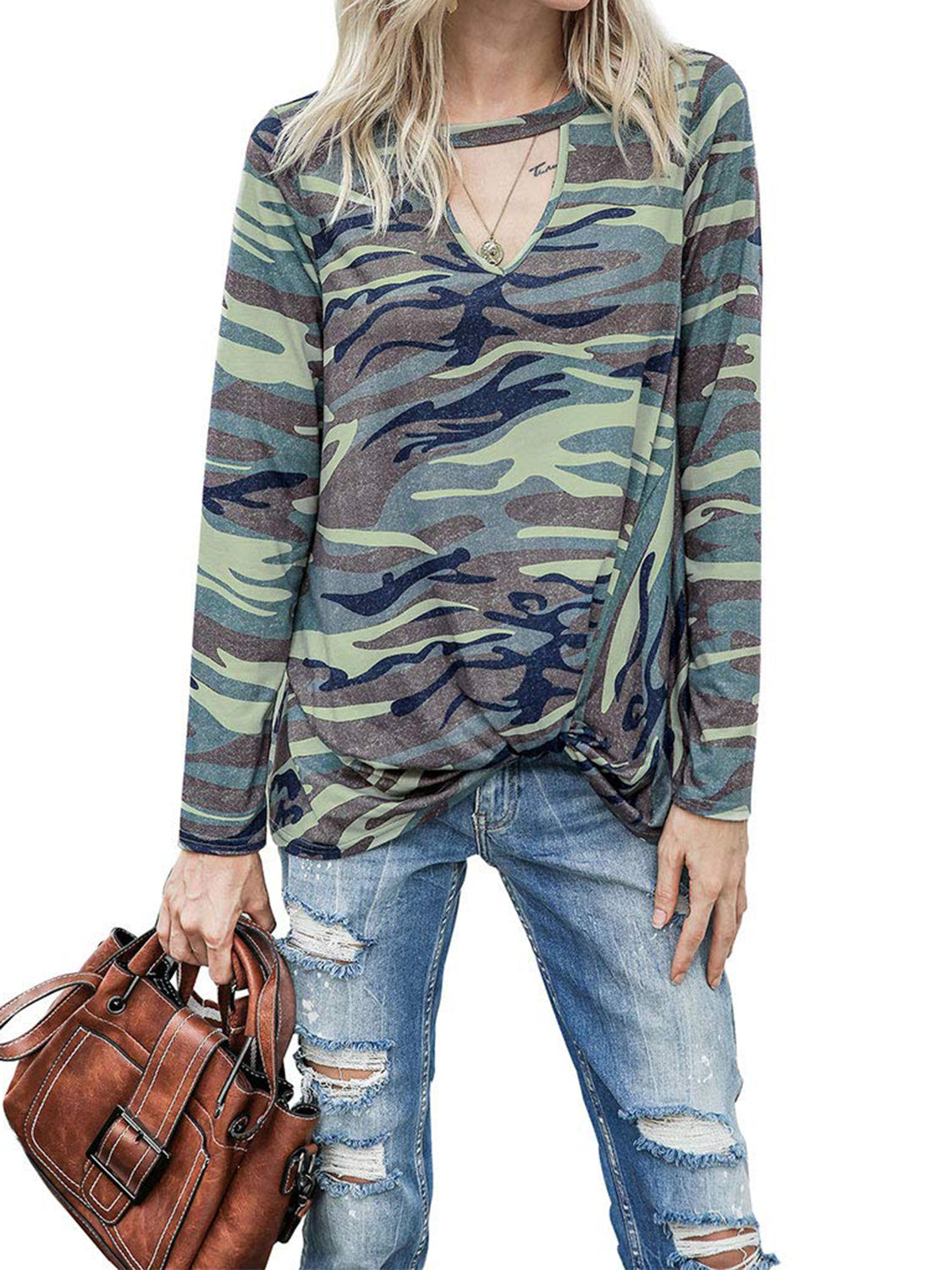 Cutout Round Neck Long Sleeve T-Shirt - Charming Charlie
