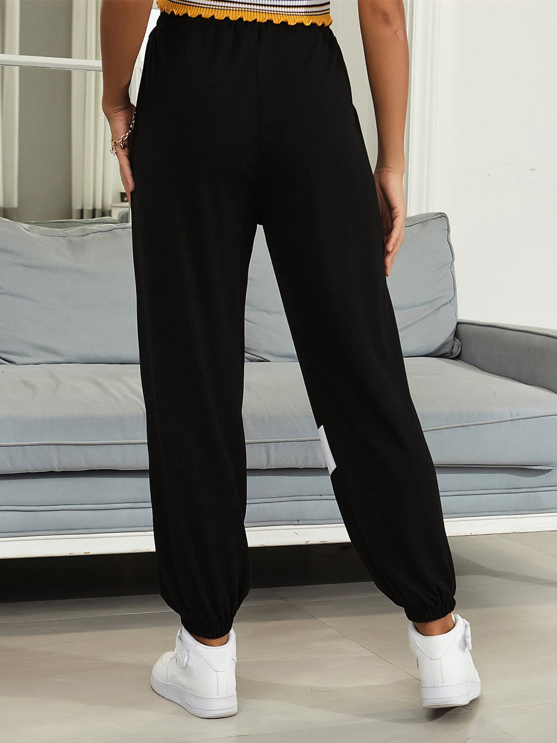 Drawstring Contrast Joggers with Pockets - Charming Charlie