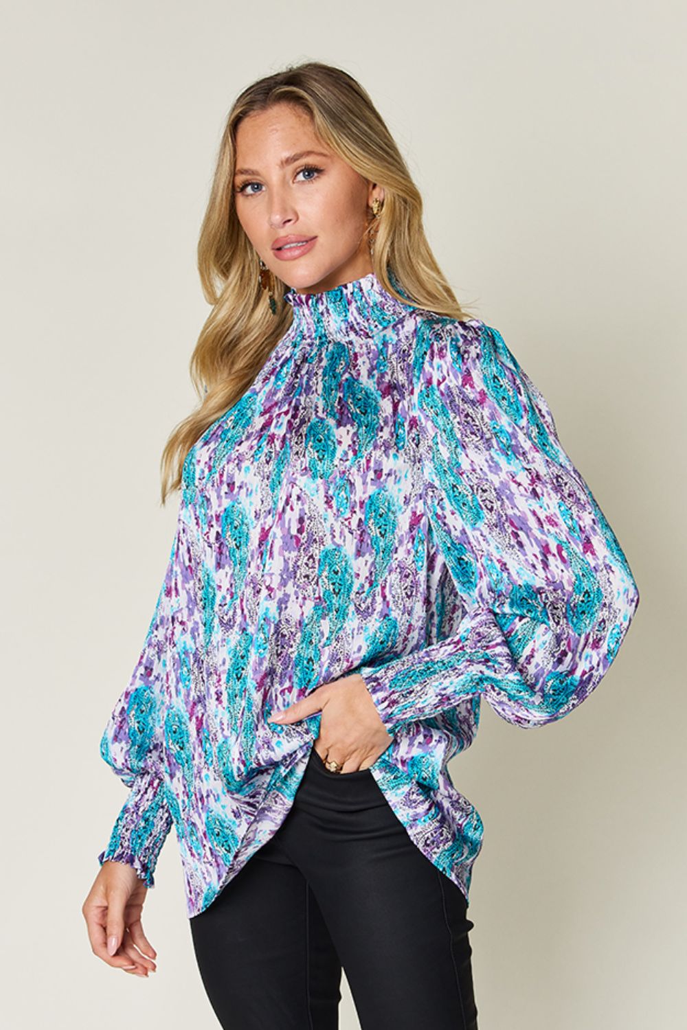 Double Take Full Size Printed Smocked Long Sleeve Blouse - Charming Charlie