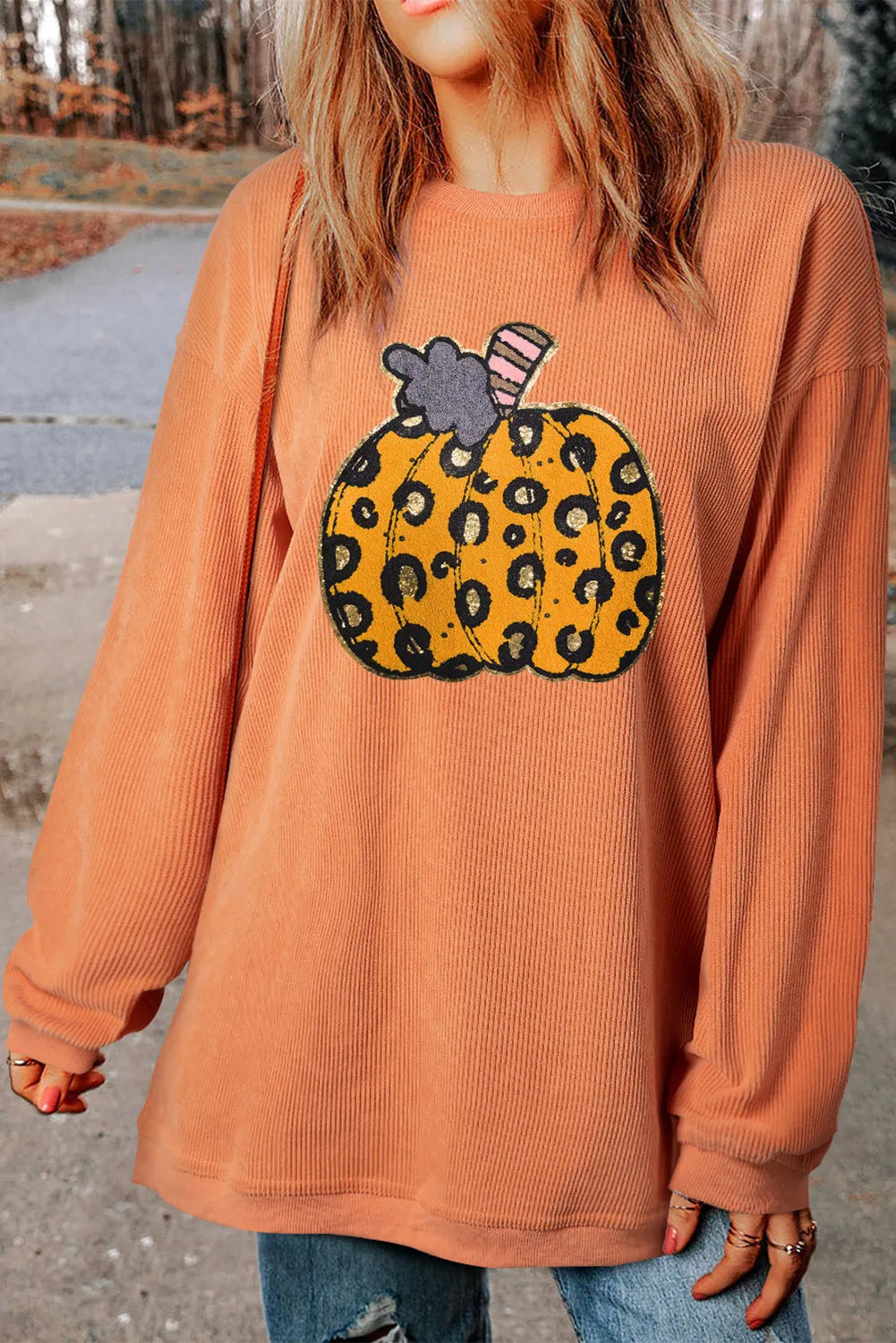 Pumpkin Round Neck Long Sleeve Sweatshirt - Charming Charlie