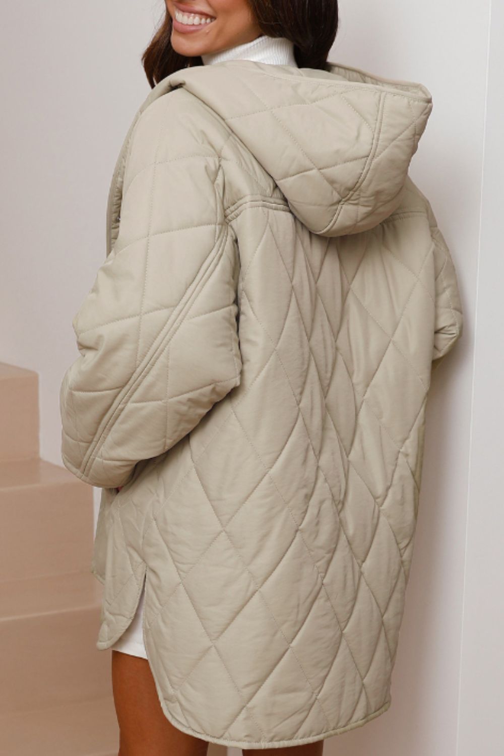 Snap Down Long Sleeve Quilted Winter Coat - Charming Charlie