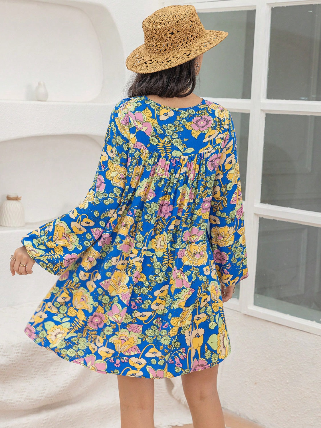 Printed V-Neck Balloon Sleeve Mini Dress - Charming Charlie