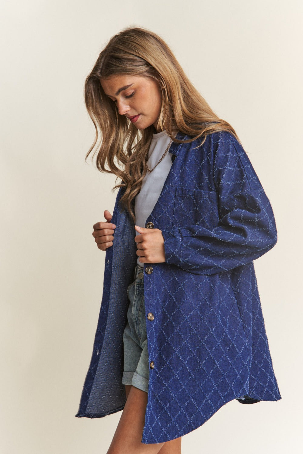J.NNA Rhombus Stitched Button Up Denim Shacket - Charming Charlie