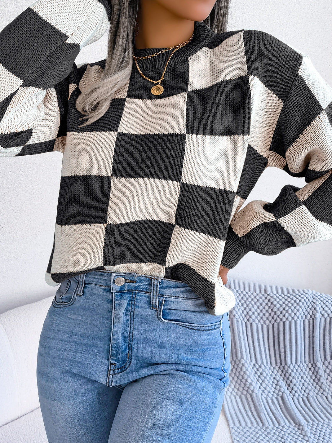 Checkered Mock Neck Long Sleeve Sweater - Charming Charlie