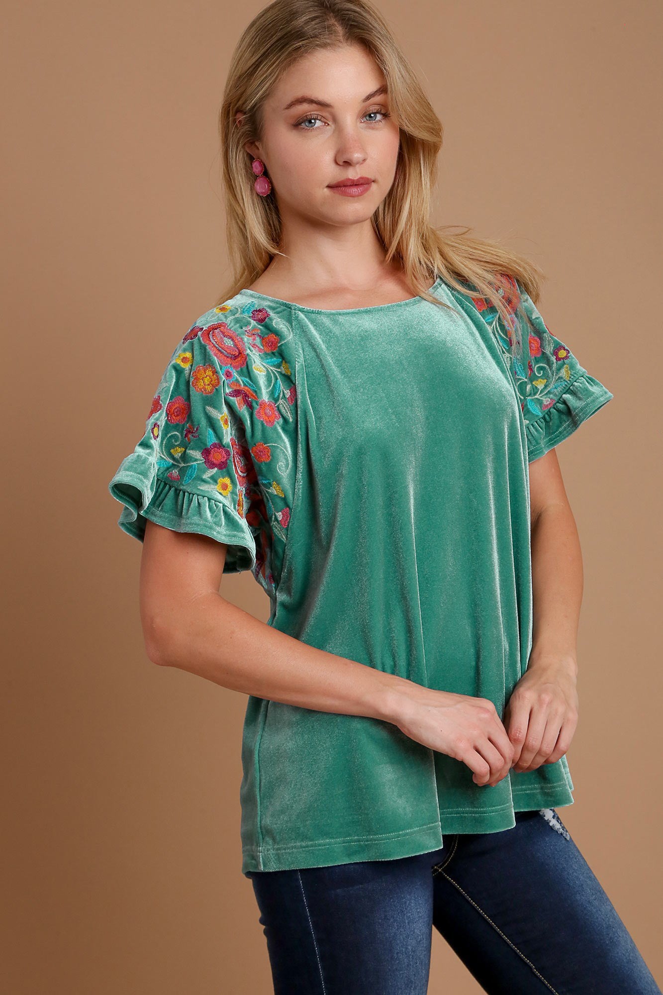 Umgee Velvet Embroidery Short Sleeve Blouse - Charming Charlie