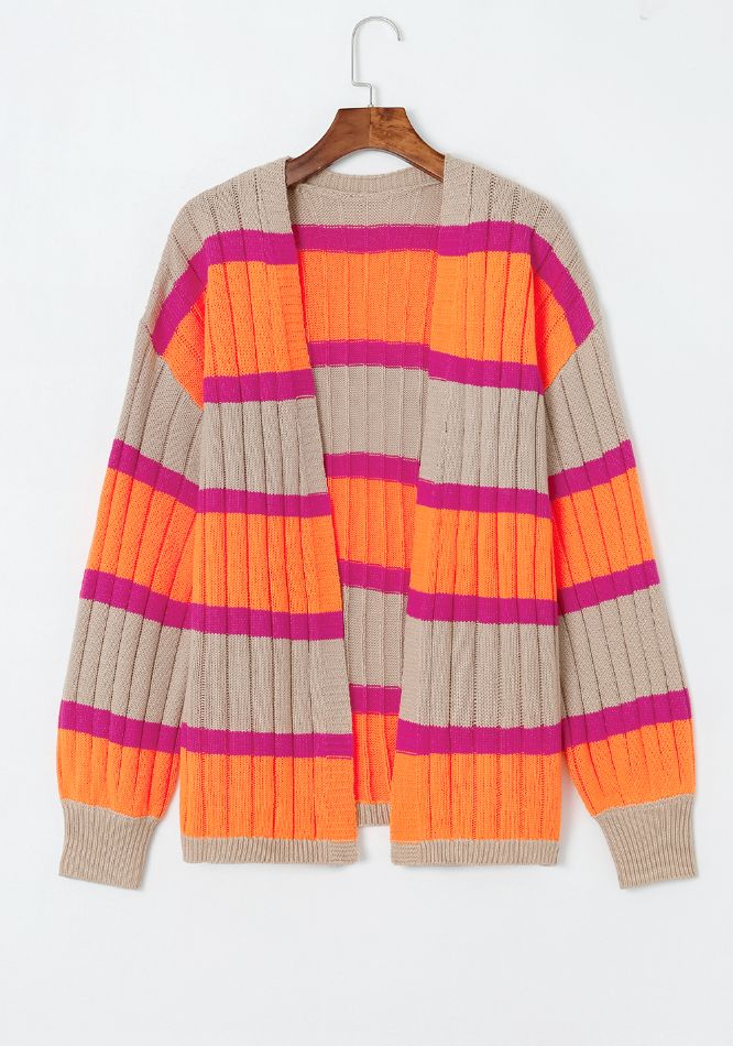 Contrast Striped Drop Shoulder Open Front Cardigan - Charming Charlie
