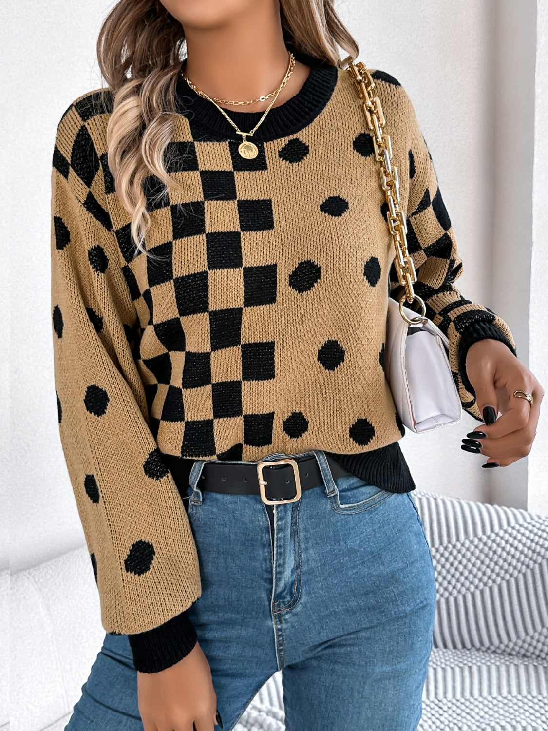 Plaid Round Neck Long Sleeve Sweater - Charming Charlie