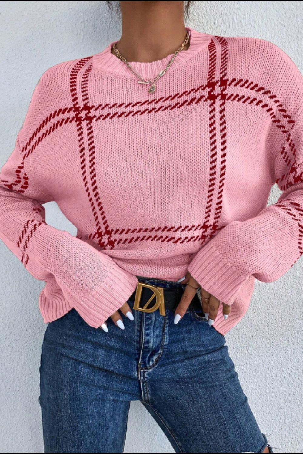 Contrast Round Neck Long Sleeve Sweater - Charming Charlie