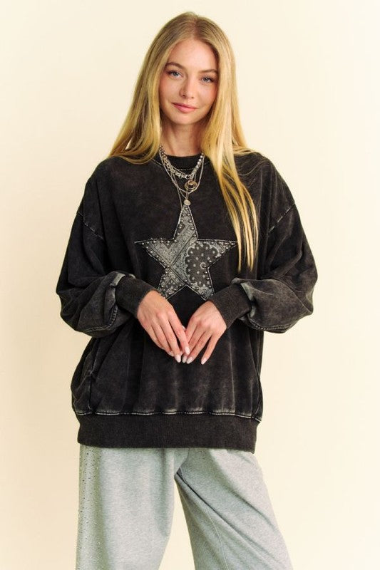 Davi & Dani Stud Star Patch Acid Washed Sweatshirt - Charming Charlie