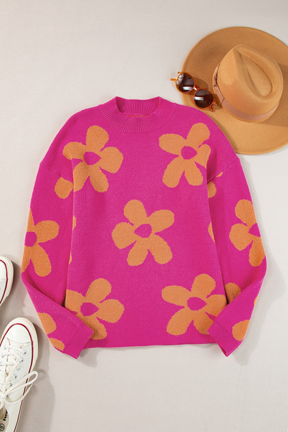 Flower Round Neck Long Sleeve Sweater - Charming Charlie