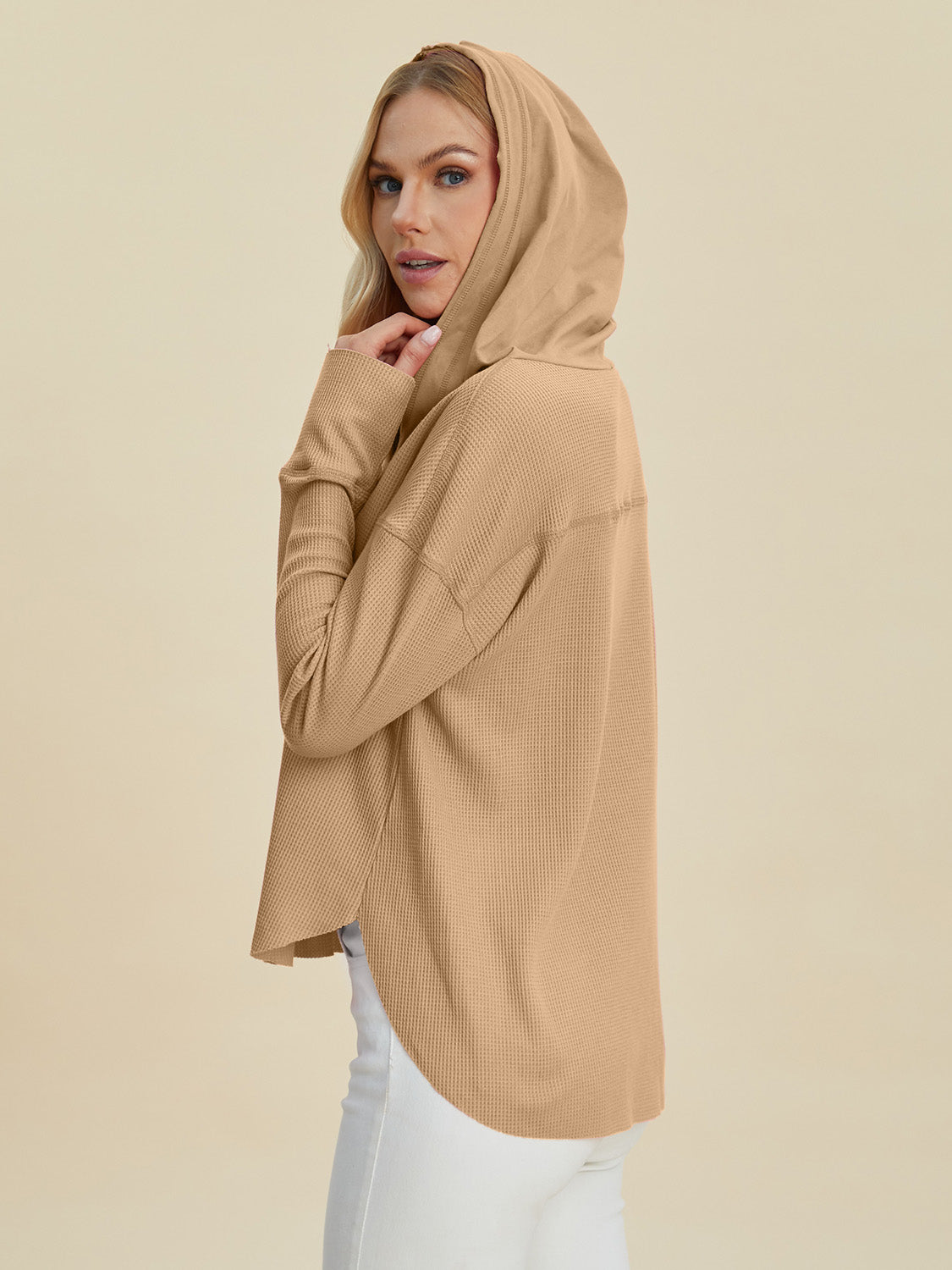 Double Take Full Size High-Low Dropped Shoulder Long Sleeve Hoodie - Charming Charlie