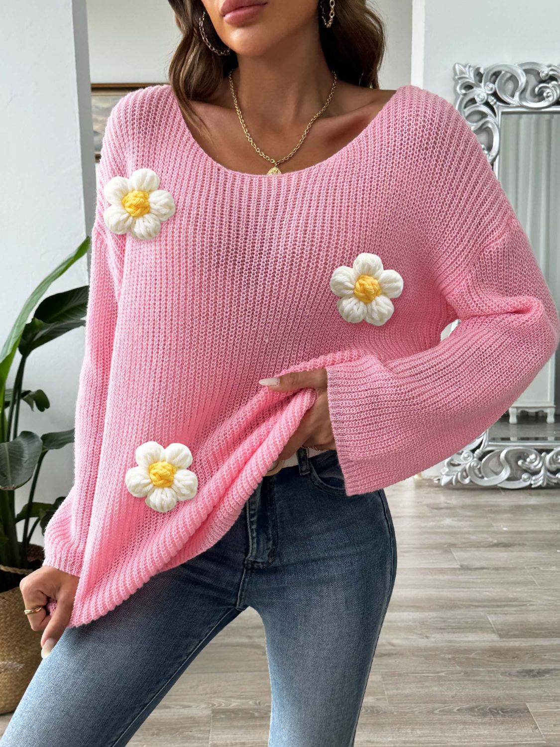Flower Round Neck Long Sleeve Sweater - Charming Charlie