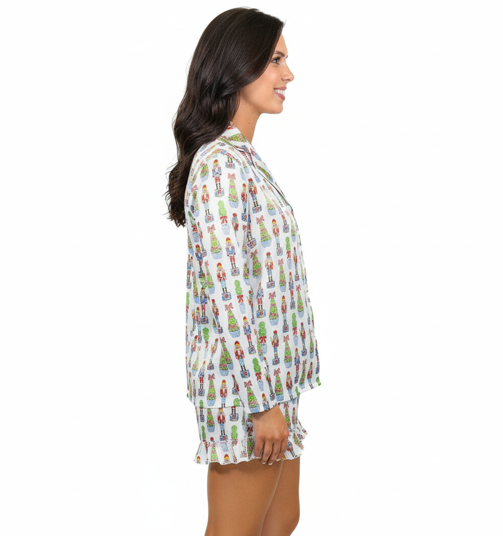 Festive Nutcracker Satin Pajama Long Sleeve Short Set - Charming Charlie