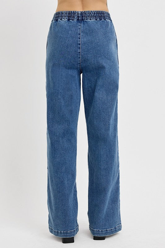 RISEN Full Size Elastic Waist Wide Leg Jeans Plus Size - Charming Charlie