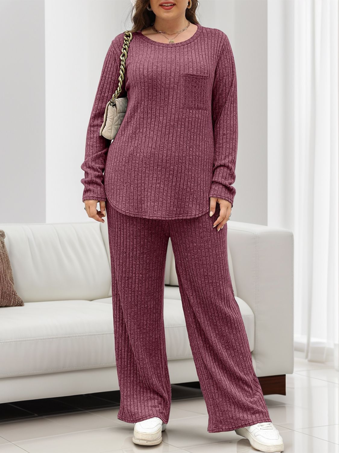 Round Neck Long Sleeve Top and Pants Set - Charming Charlie