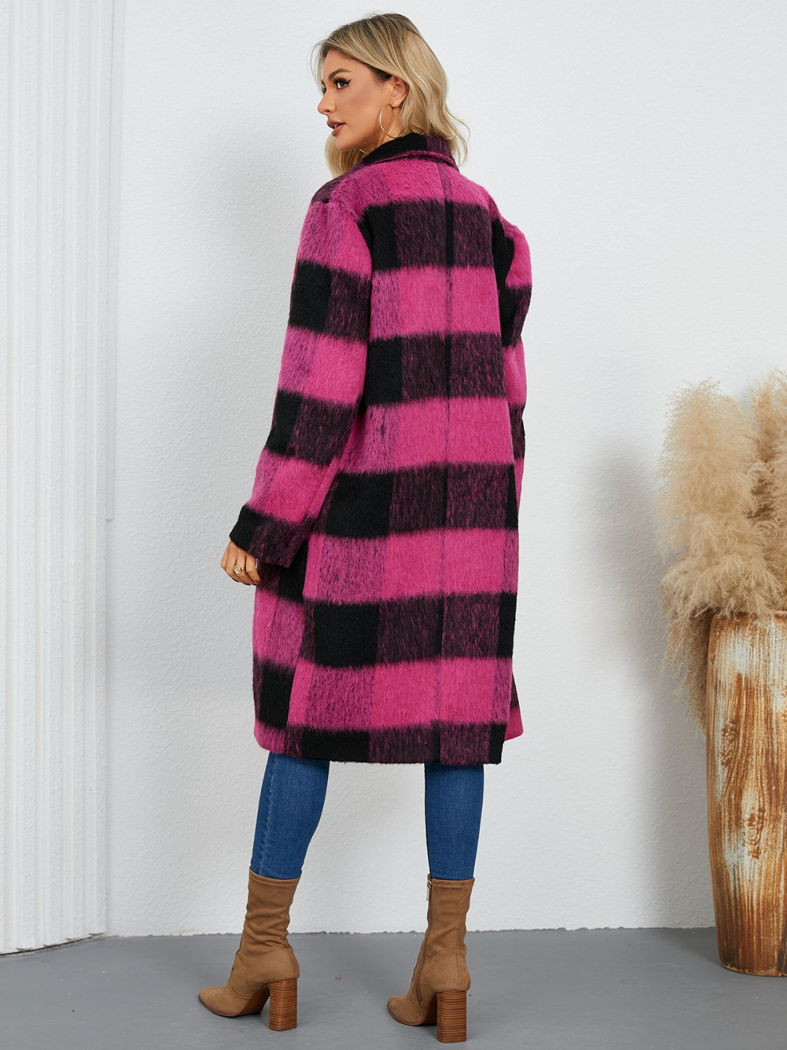 Plaid Double-Breasted Long Sleeve Coat - Charming Charlie