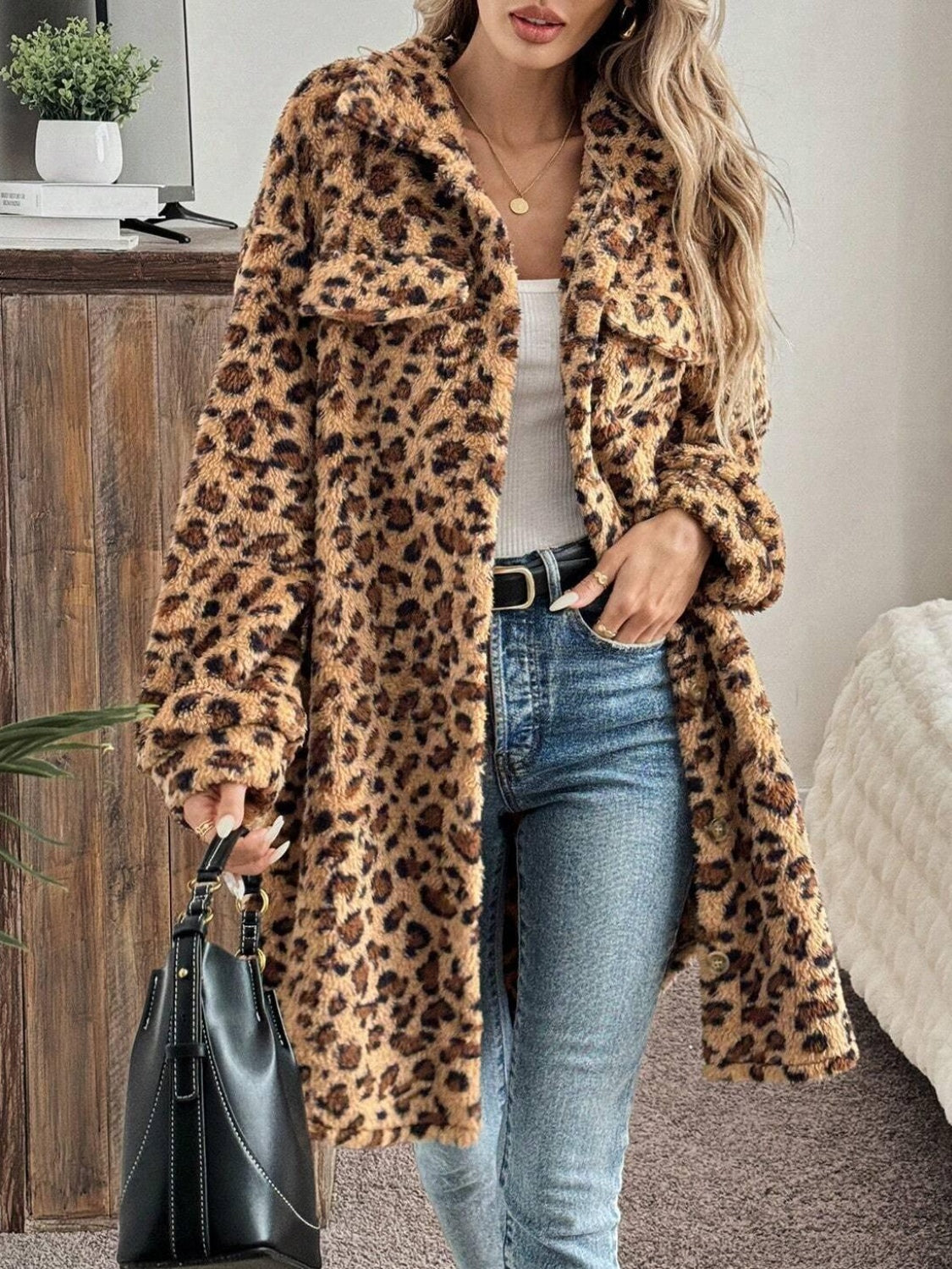 Leopard Button Up Long Sleeve Fuzzy Coat - Charming Charlie