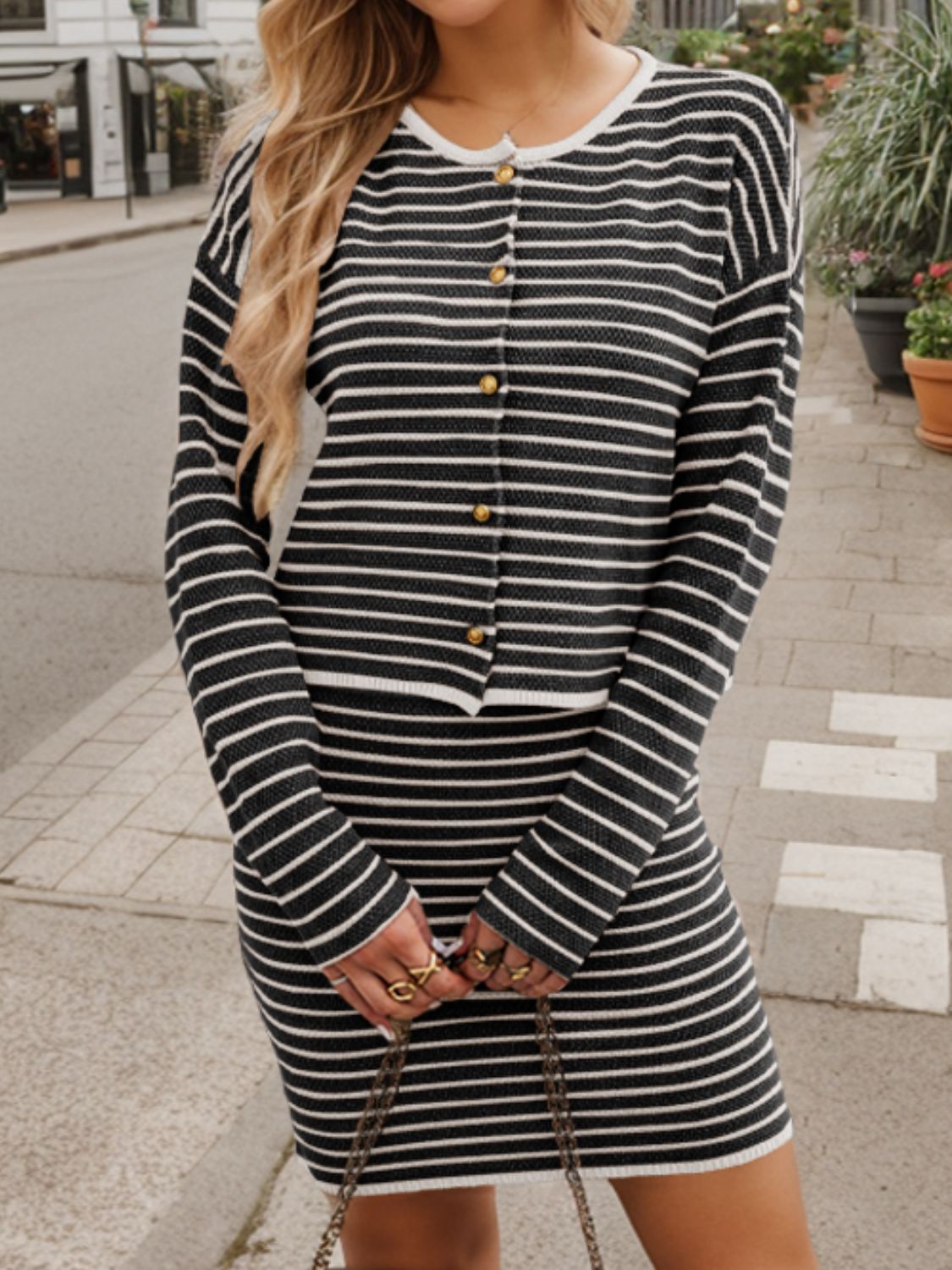 Striped Long Sleeve Top and Skirt Set - Charming Charlie