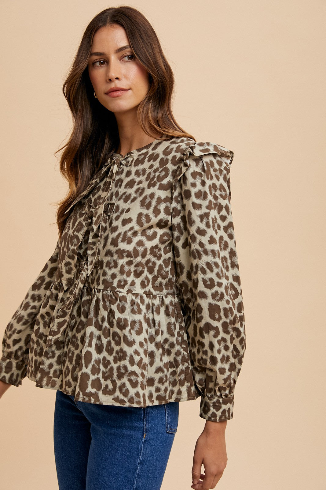 Annie Wear Tied Leopard Round Neck Peplum Blouse - Charming Charlie