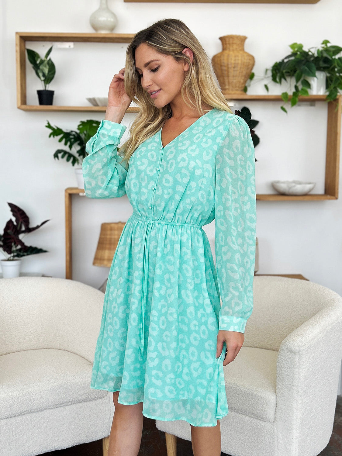 Double Take Full Size Printed Ruched V-Neck Long Sleeve Dress - Charming Charlie