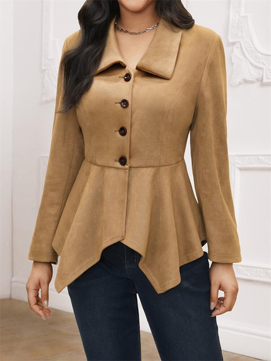 Handkerchief Hem Button Up Collared Neck Jacket - Charming Charlie