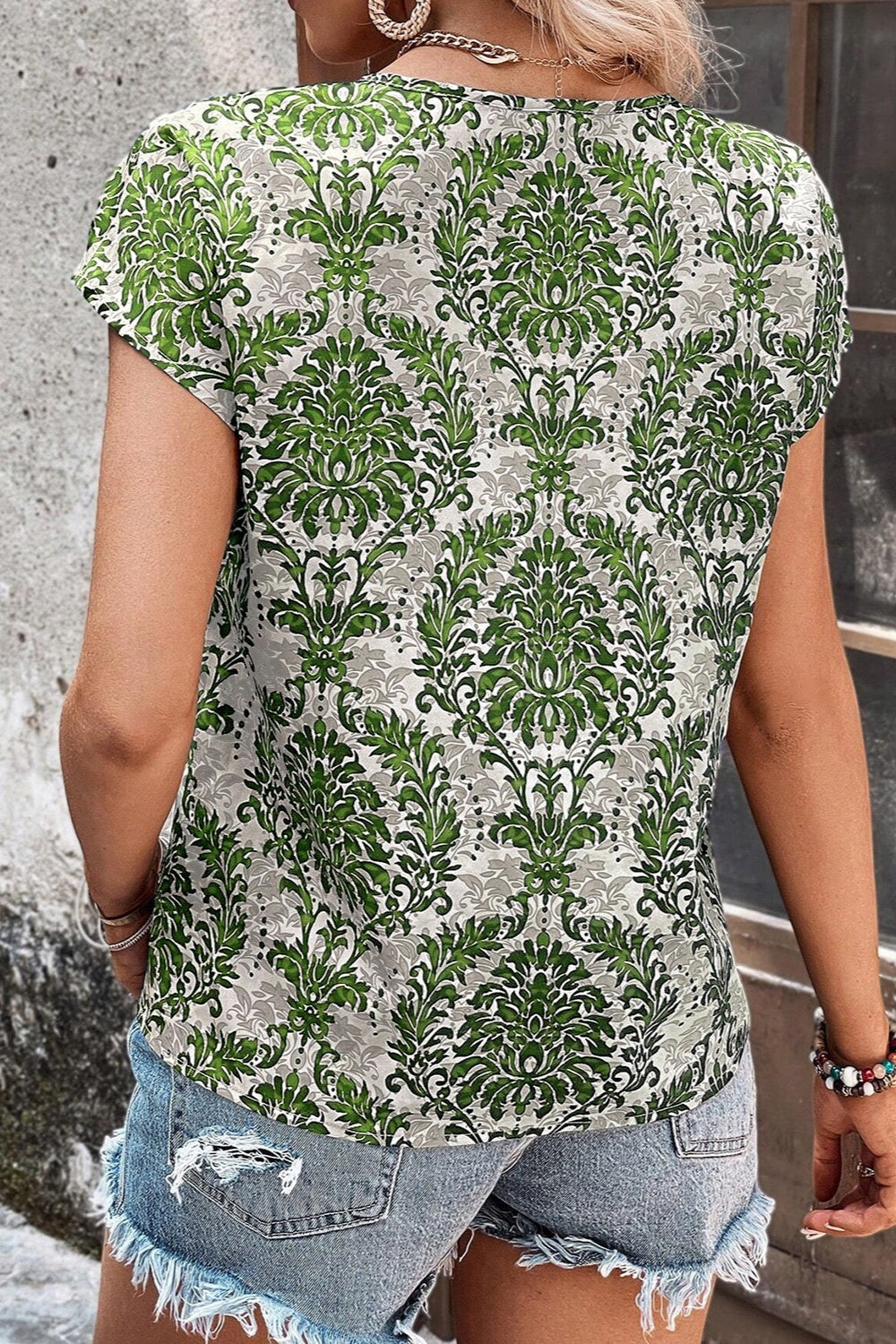 Cutout Printed Short Sleeve Blouse - Charming Charlie