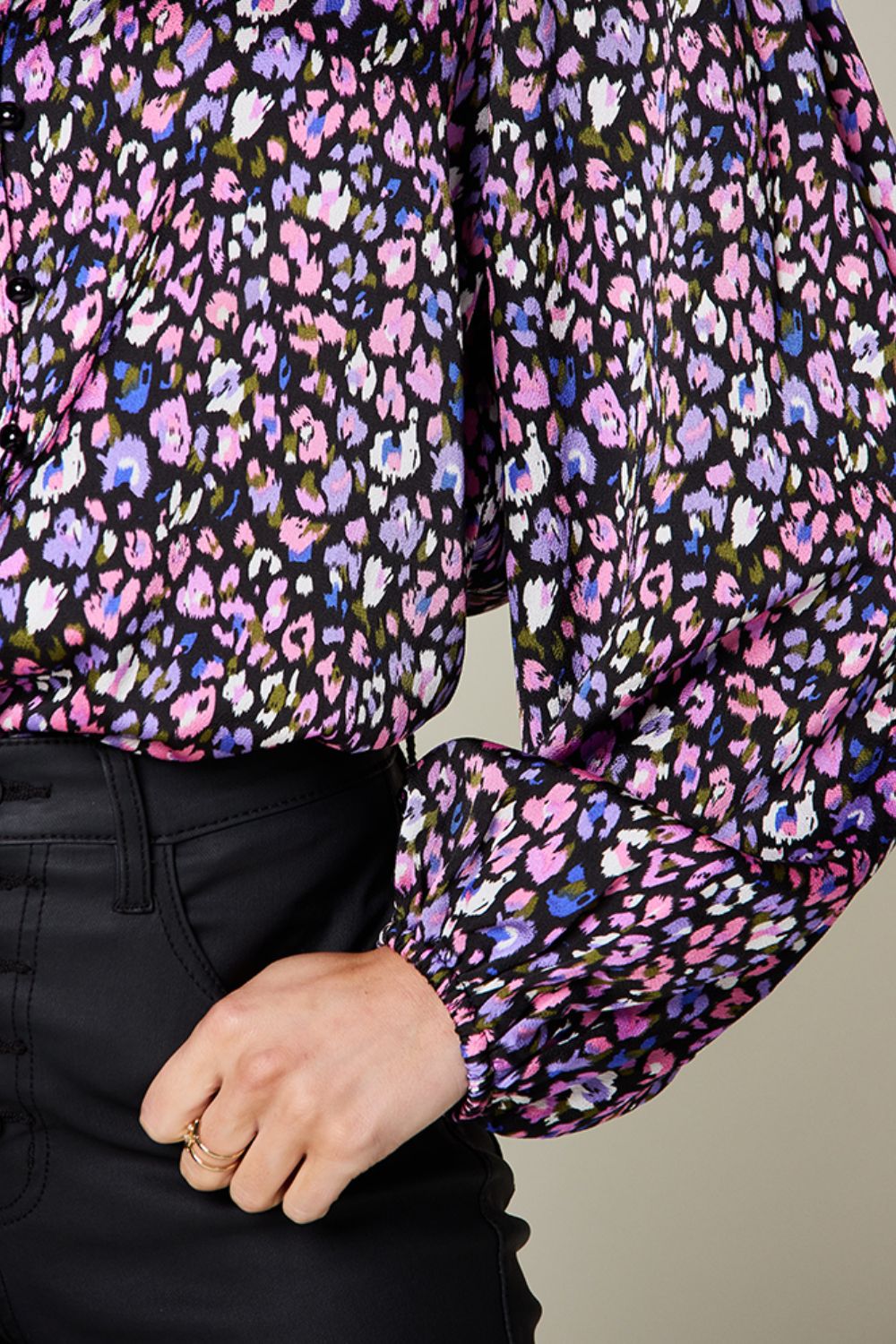 Double Take Full Size Printed Balloon Sleeve Shirt - Charming Charlie