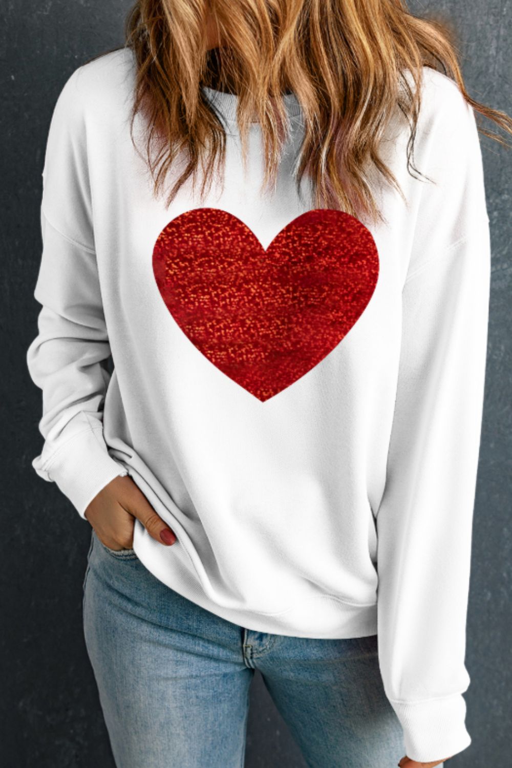 Valentine’s Day Heart Round Neck Long Sleeve Sweatshirt - Charming Charlie