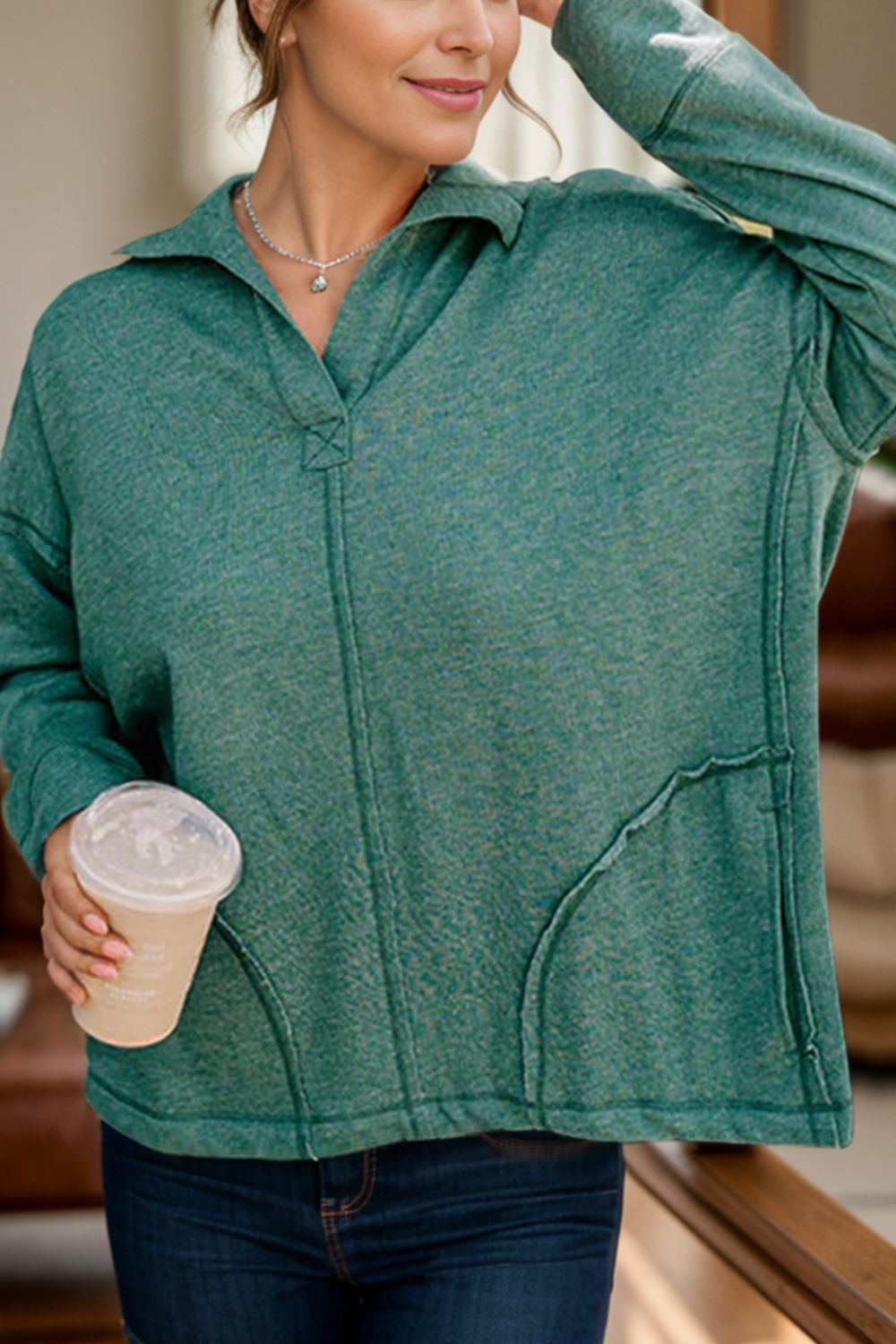 Collared Neck Long Sleeve Sweatshirt - Charming Charlie