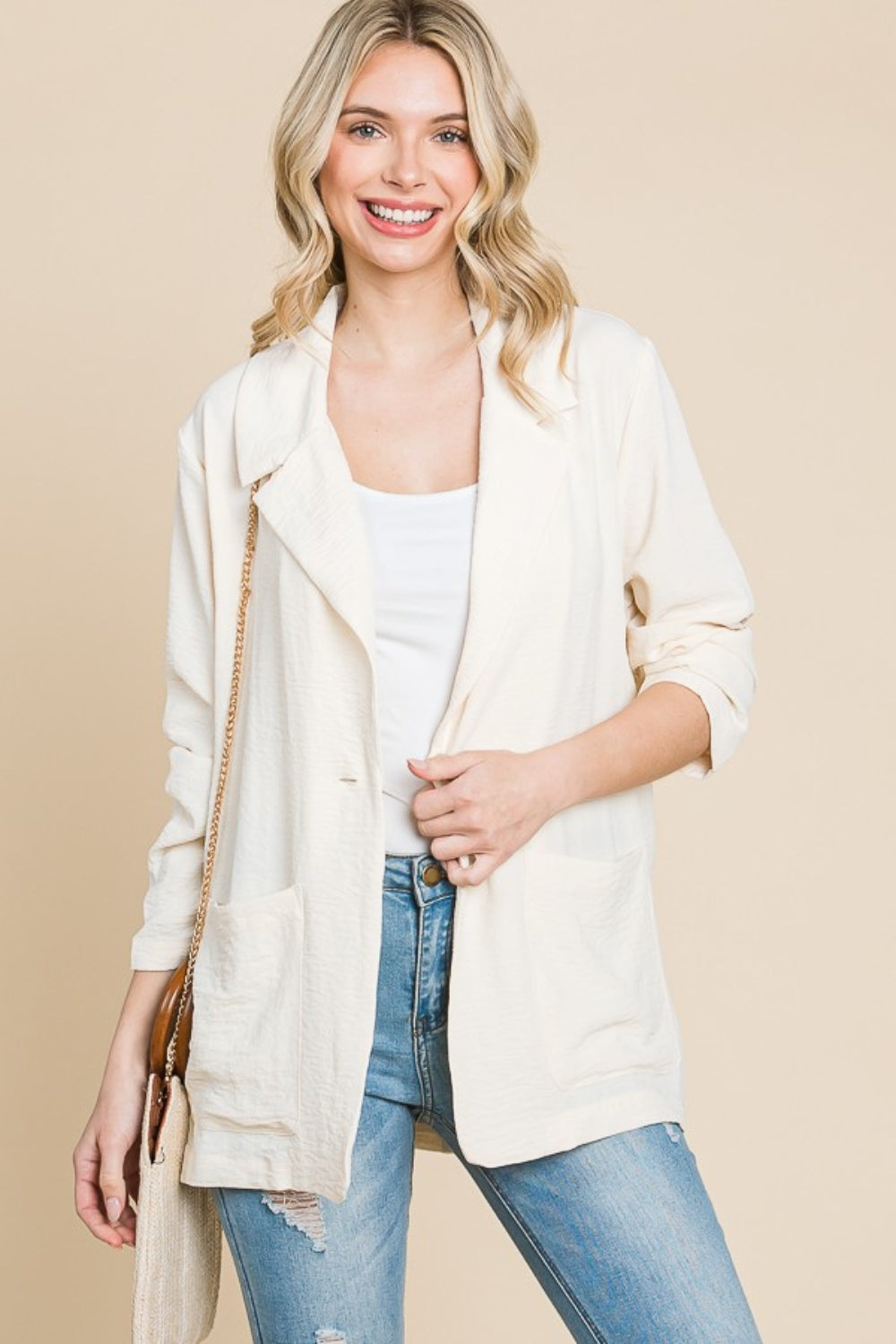 Culture Code One Button Long Sleeve Blazer with Pockets - Charming Charlie