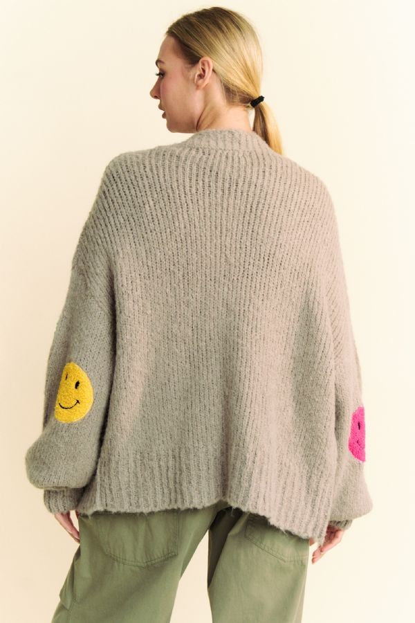 Davi & Dani Fuzzy Smile Open Front Long Sleeve Cardigan - Charming Charlie