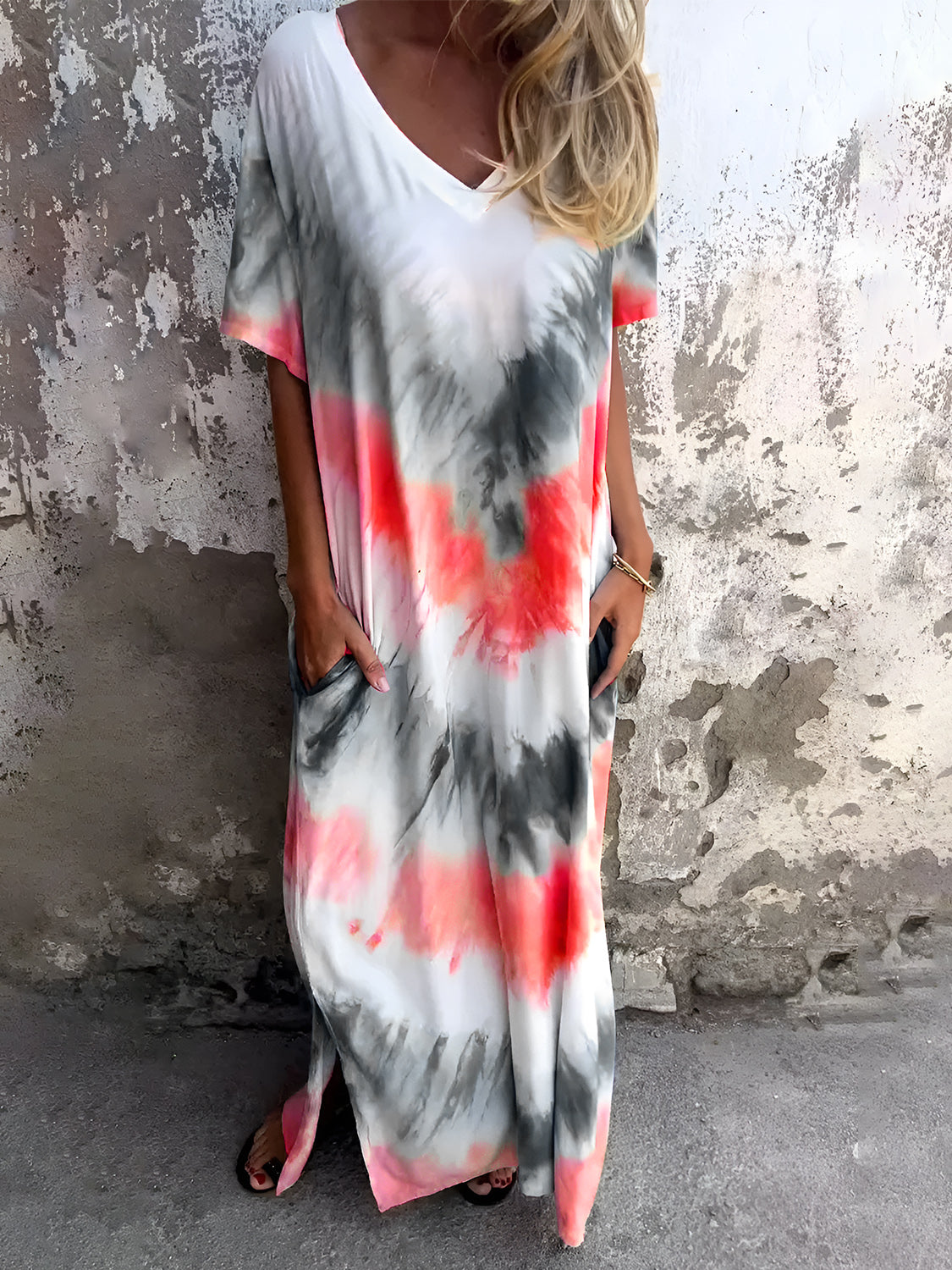 Full Size Pocketed Tie-Dye Short Sleeve Dress - Charming Charlie