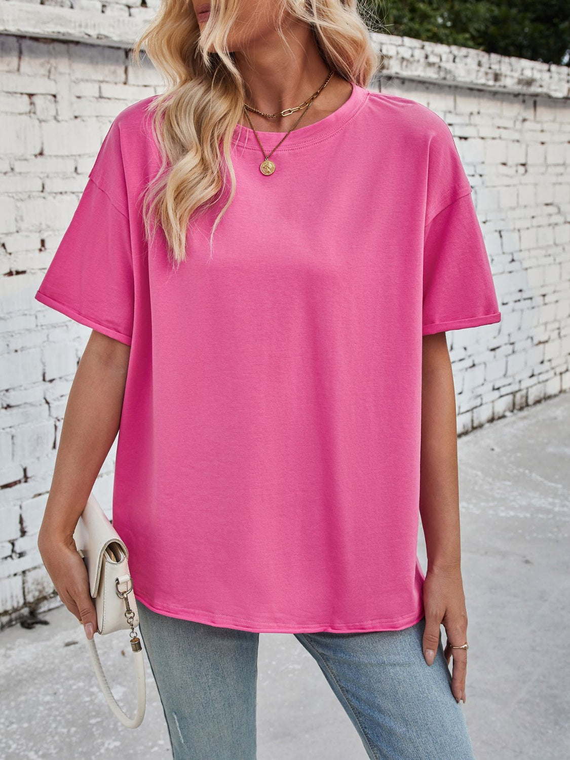 Lovelet Exposed Seam Round Neck Half Sleeve T-Shirt - Charming Charlie