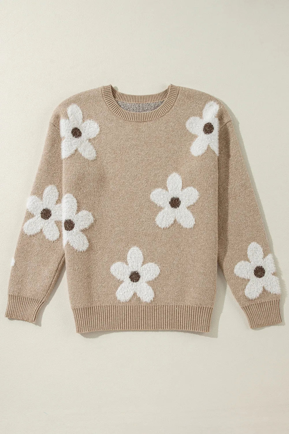 Flower Round Neck Long Sleeve Sweater - Charming Charlie