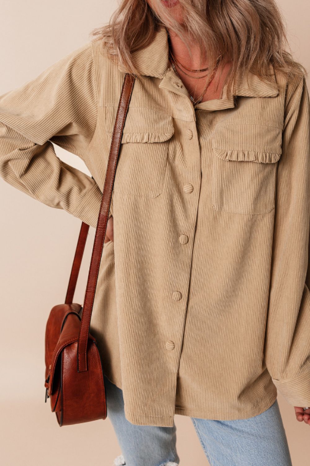 Frill Button Up Long Sleeve Shacket - Charming Charlie