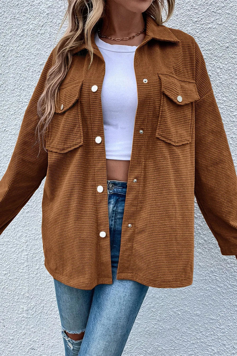 Pocketed Snap Down Long Sleeve Jacket - Charming Charlie