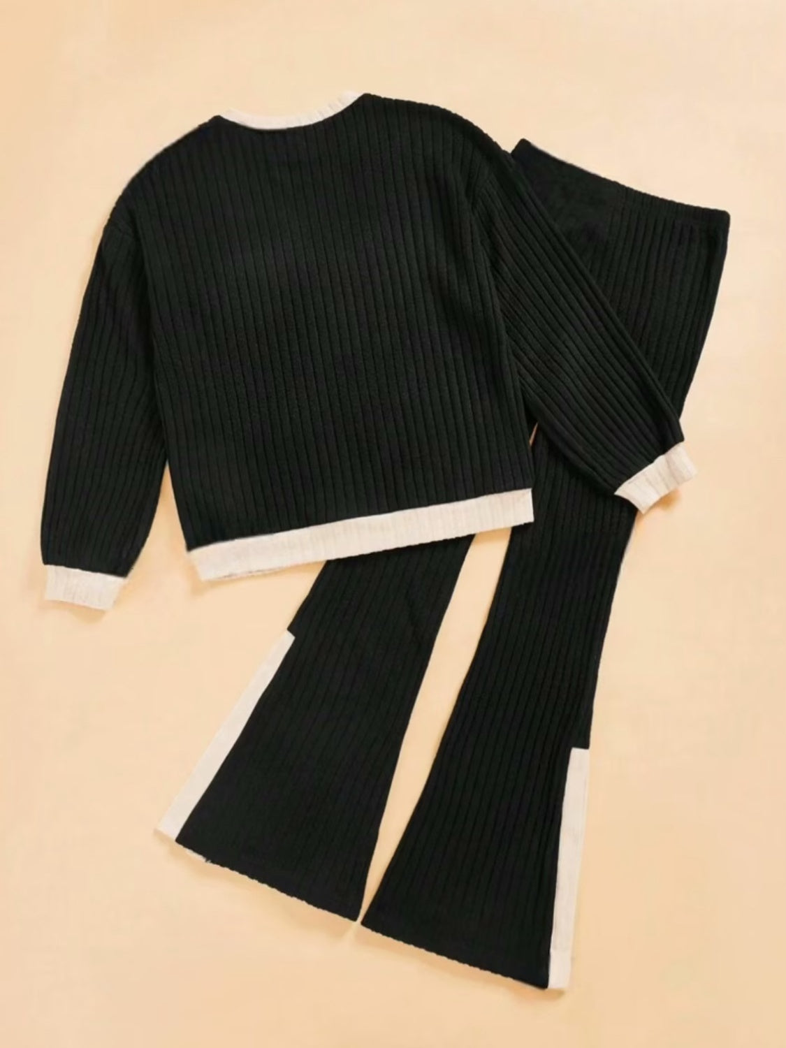 Contrast Round Neck Long Sleeve Top and Bootcut Pants Set - Charming Charlie