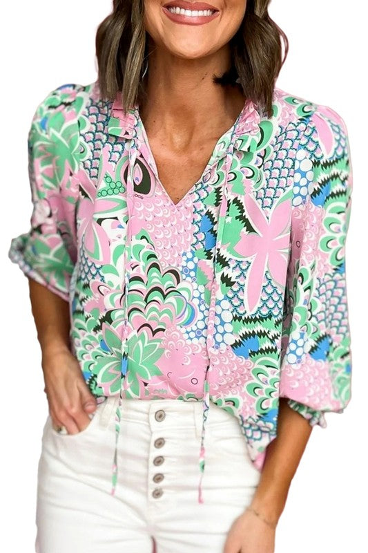 Green Floral Print V Neck Tied Loose Blouse - Charming Charlie