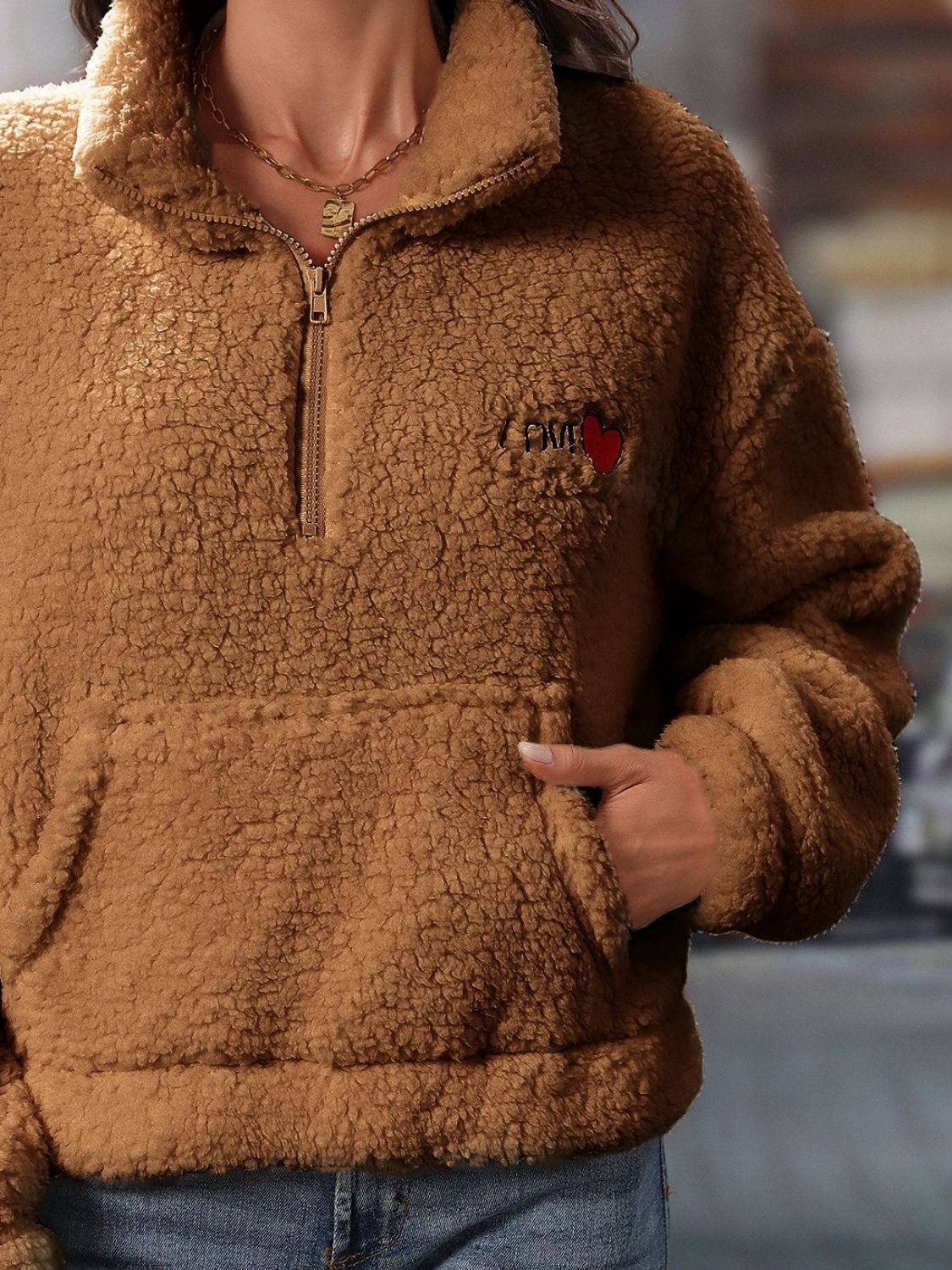 Heart Half Zip Long Sleeve Teddy Sweatshirt - Charming Charlie