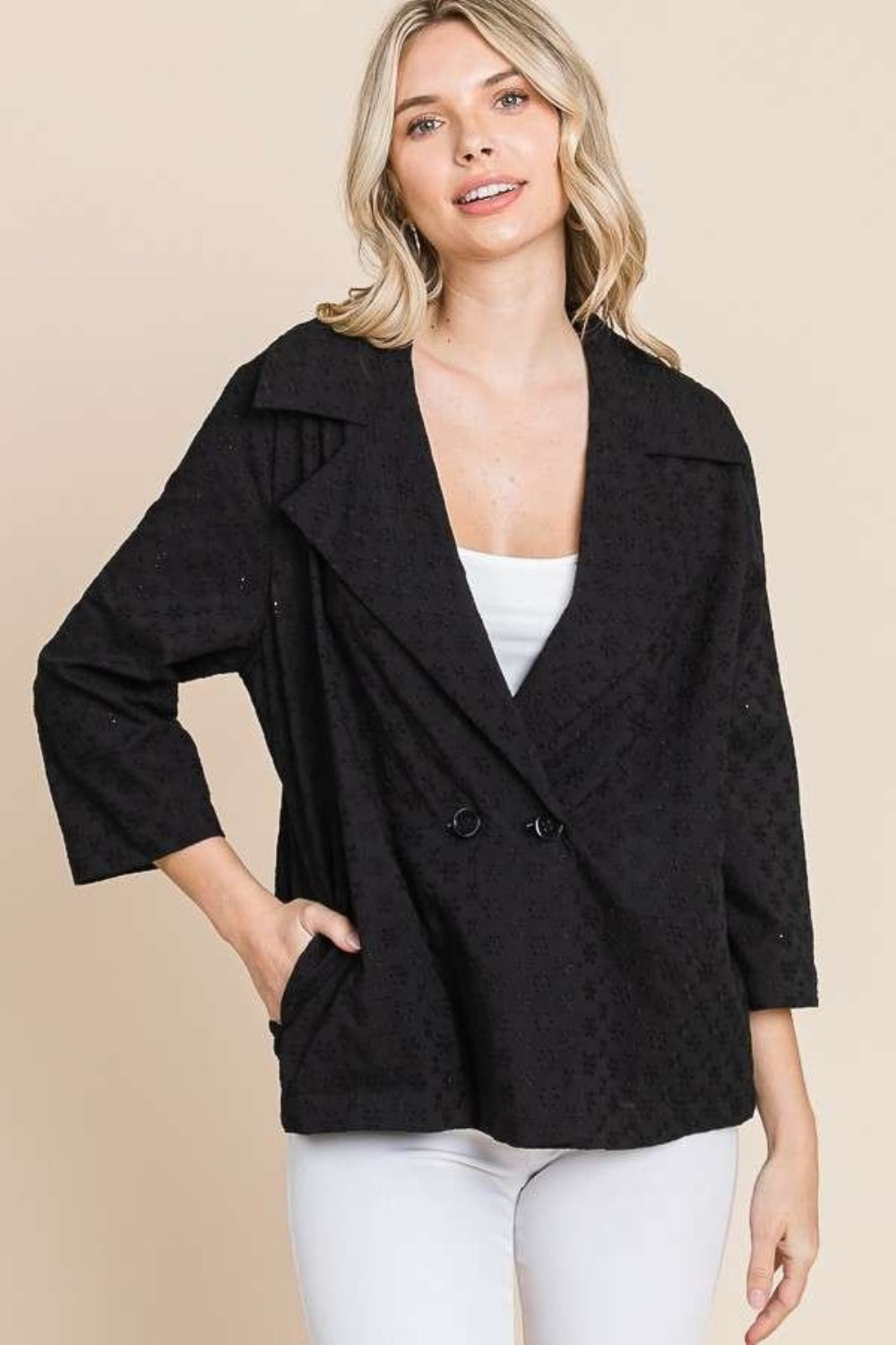 Culture Code Double Breasted Eyelet Jacket with Pockets - Charming Charlie