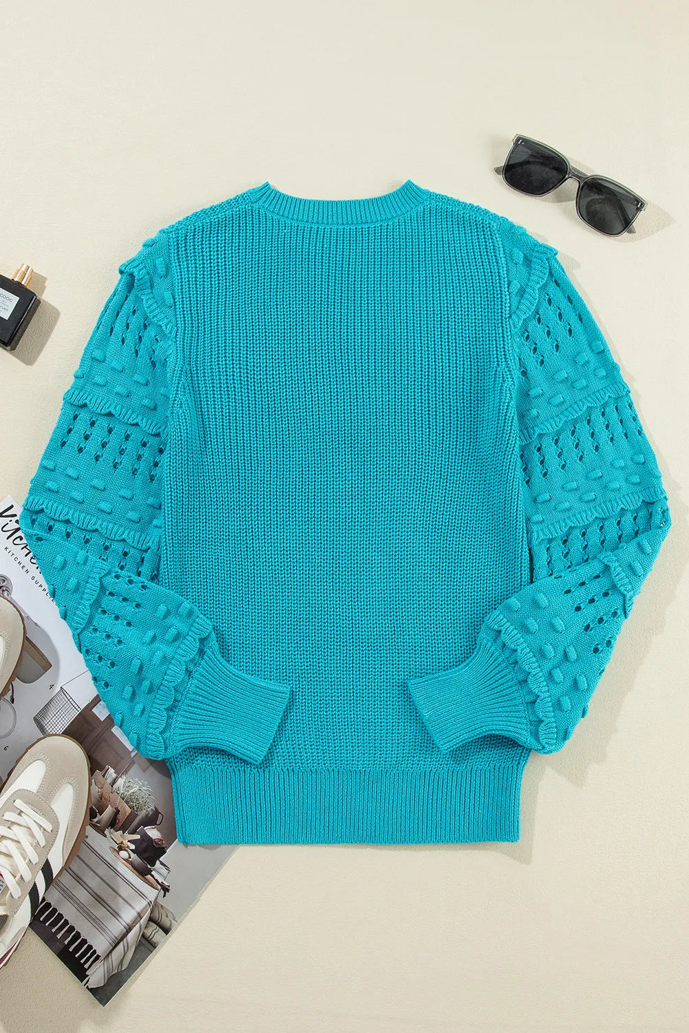Openwork Frill Round Neck Long Sleeve Sweater - Charming Charlie
