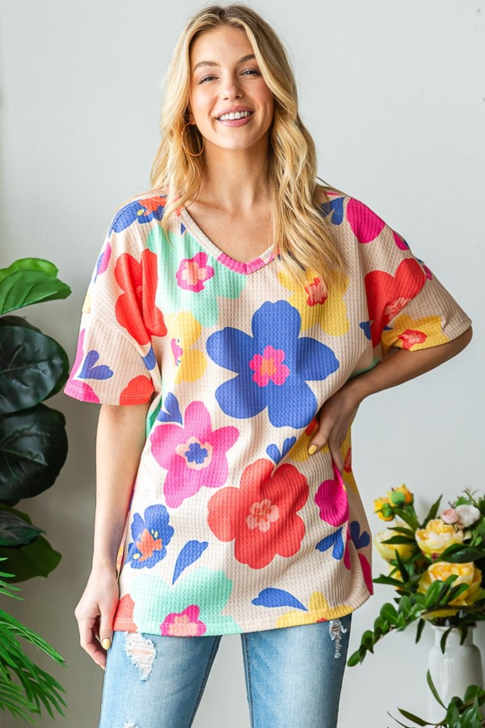 HOPELY Full Size Floral V-Neck Side Slit T-Shirt - Charming Charlie