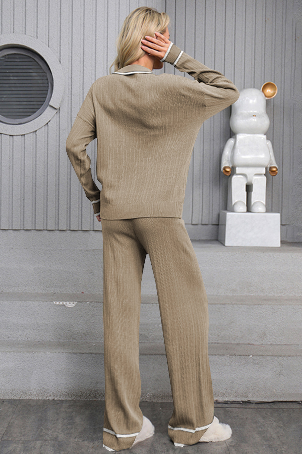 Contrast Trim Johnny Collar Top and Drawstring Pants Sweater Set - Charming Charlie