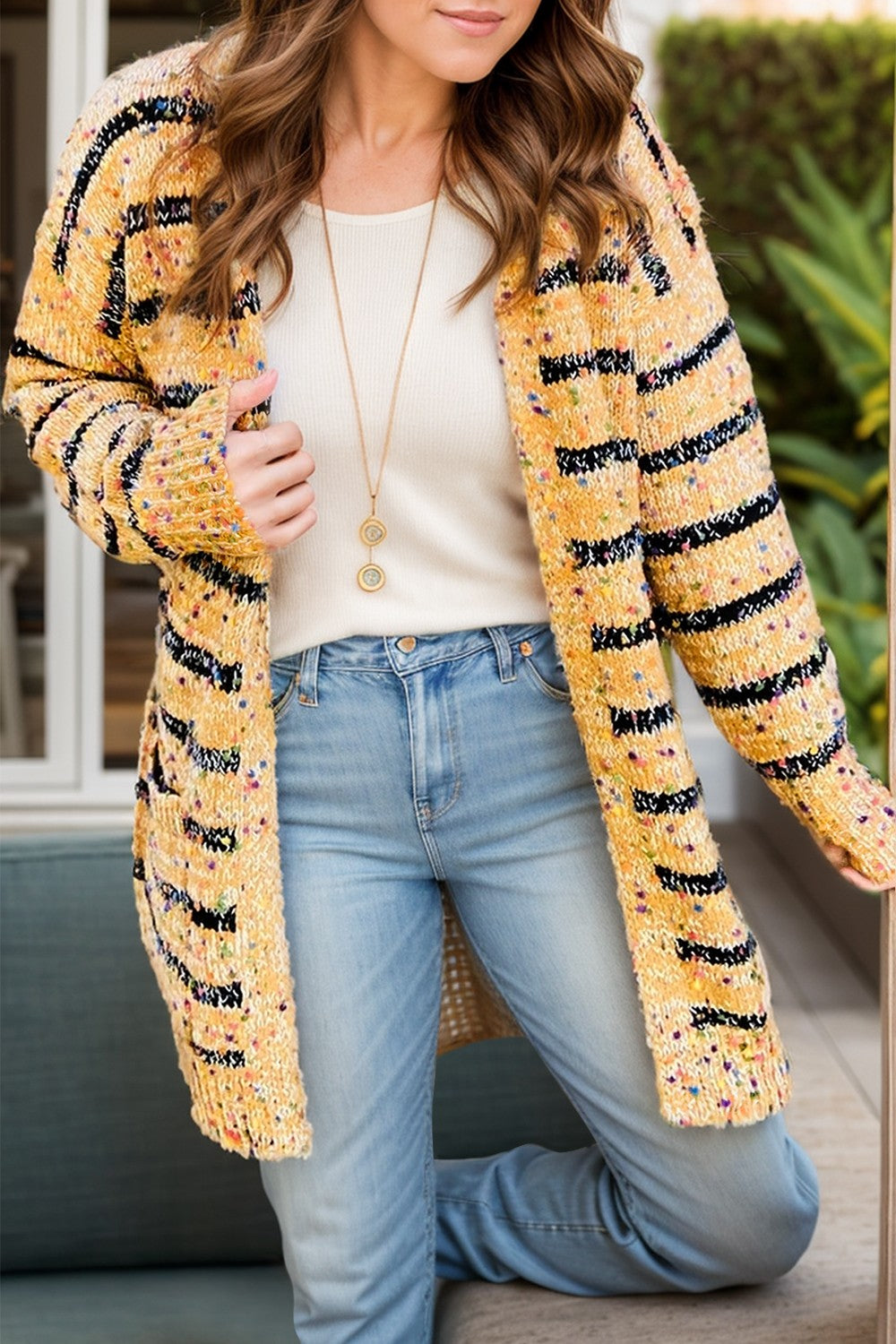 Striped Open Front Long Sleeve Cardigan - Charming Charlie